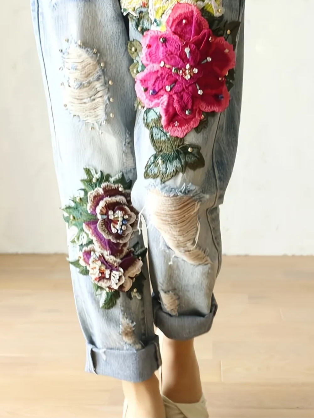 Light Wash Women's Jeans with Pink Floral Applique - Picture 3 of 6